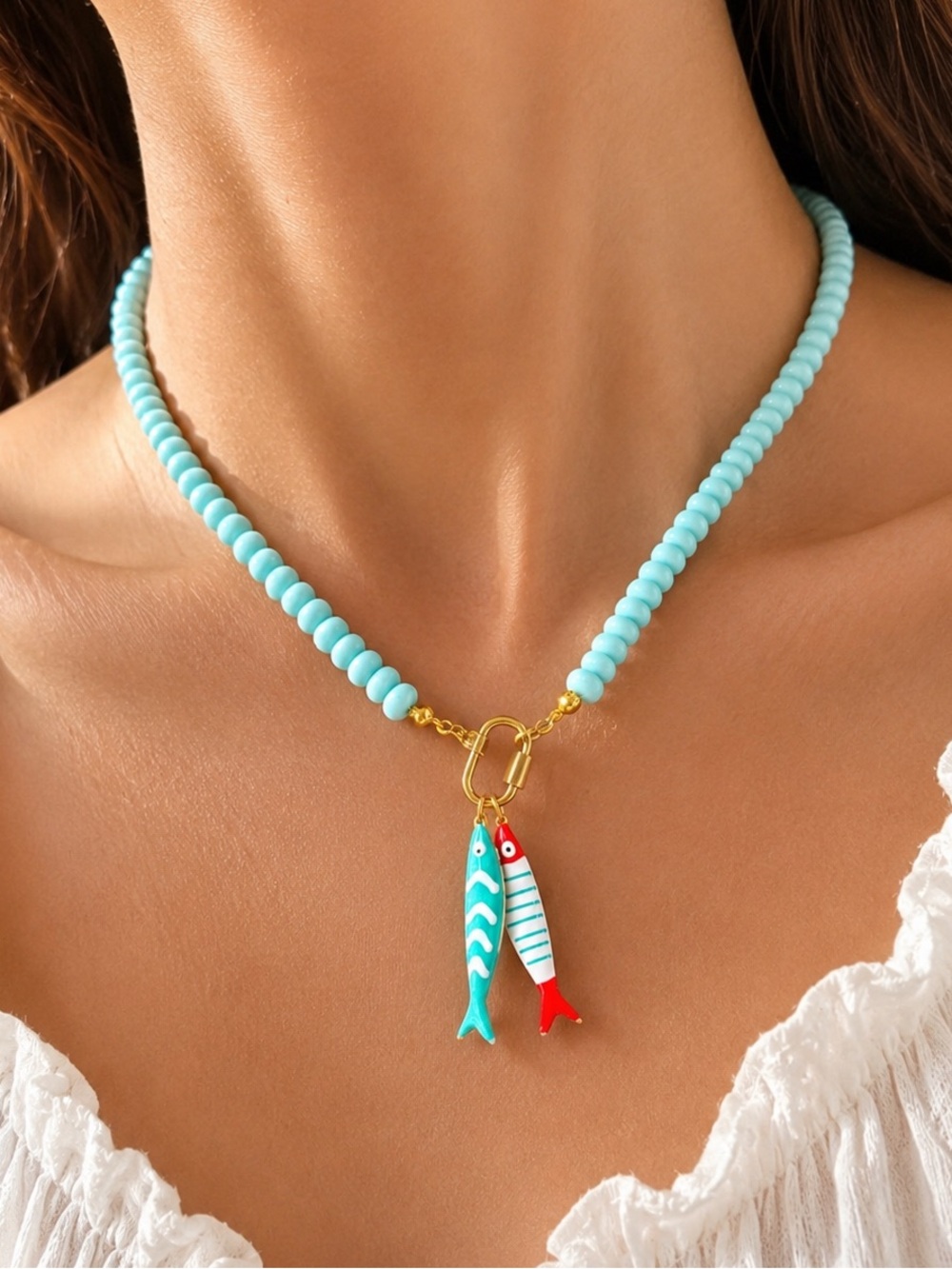Coastal Fish Charm Beaded Necklace – Summer Beach Statement Jewelry - Picture 2 of 4